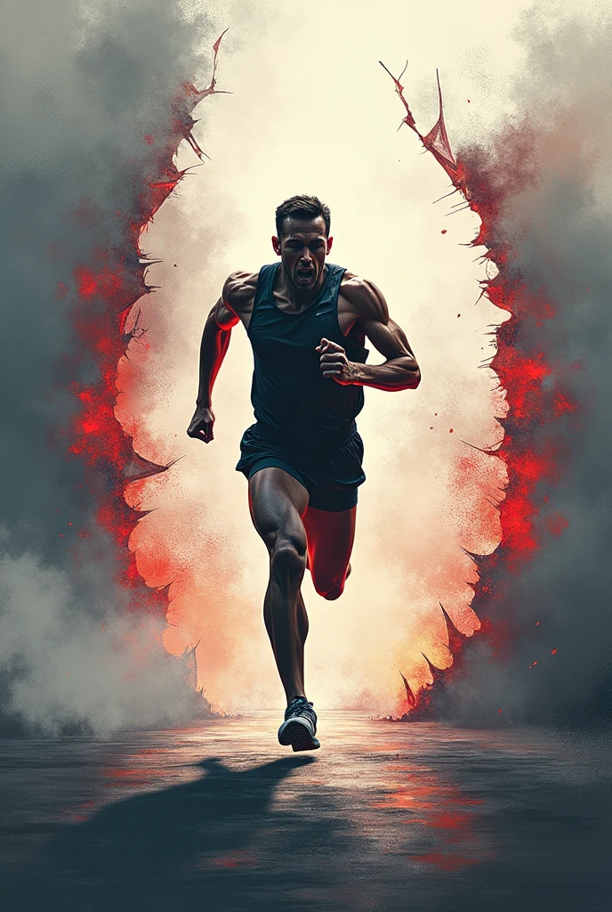 A dynamic running figure, energetic colors, red, orange, glitter, detailed skin, realistic, professional photography, UHD, SLR camera, soft lighting, high quality, style Fujifilm XT3, logo, fitness app, white background, lamp film photography, sharp focus, contrast lighting, 8k high resolution, crazy detail