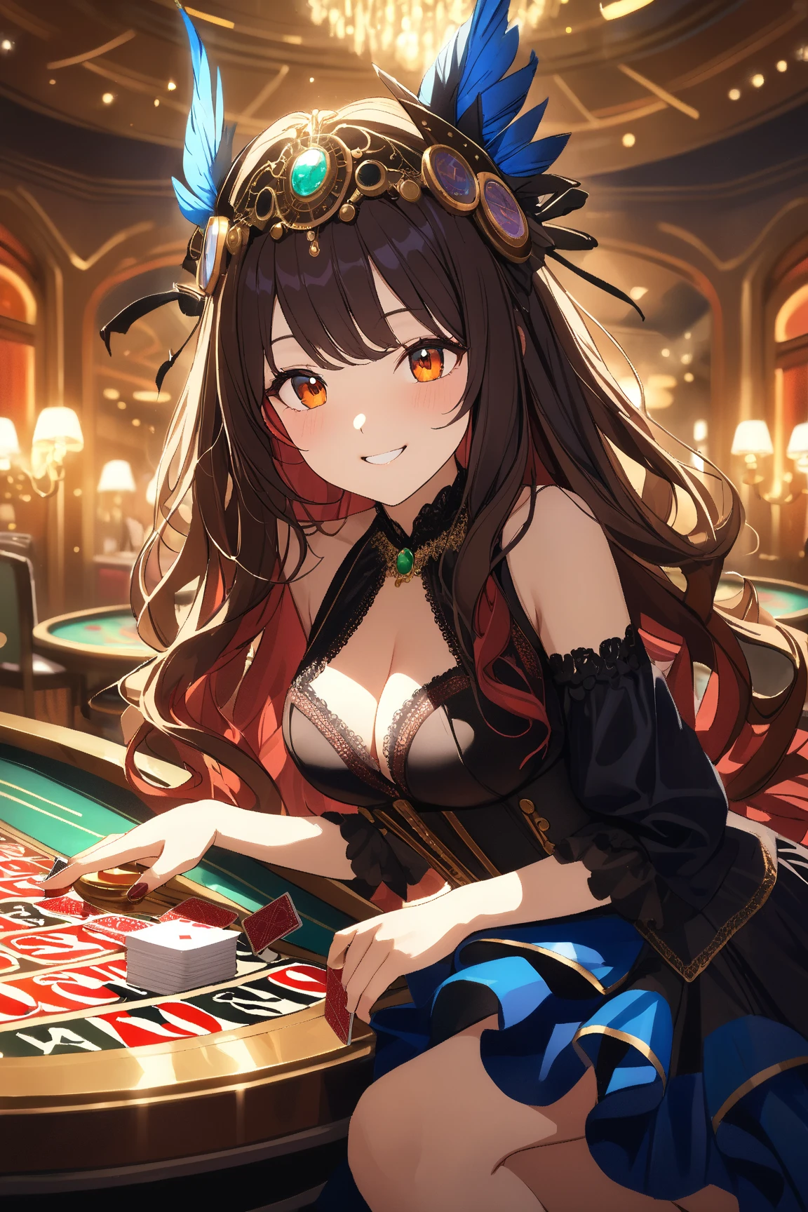 1 girl, (cute face), 20 years old, long wavy hair, (playful smile), medium breasts, slim, (wearing a glamorous steampunk casino outfit with corset and ruffled skirt), knee length, (feathered headpiece), BREAK  
Luxurious casino interior, vintage slot machines and poker tables, (holding a deck of cards:1.2), sparkling chandeliers above, (opulent atmosphere:1.2), BREAK  
(soft lighting, warm glow, dramatic shadows), rich colors, intricate details, game cg, BREAK  
absurdres, highres, ultra detailed, beautiful, masterpiece, best quality,