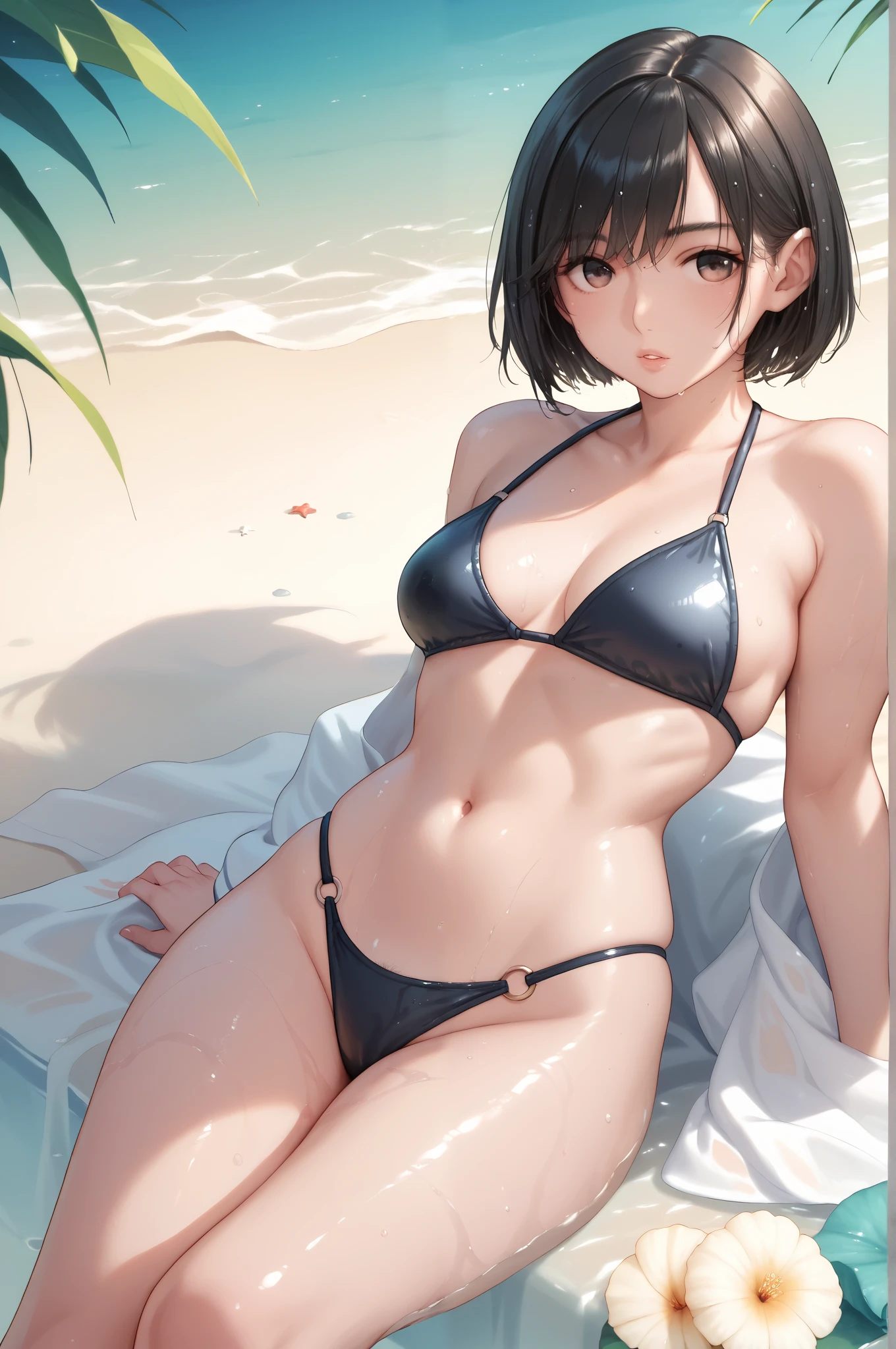  1 girl in uniform,  beautiful Japanese woman　Simply beautiful　 pubic skin　 wet lips　 Perfect Body 　 black hair,  black bikini　 swimsuit　 Very Beautiful 　Summer beach　 girl sitting　 short bob from behind