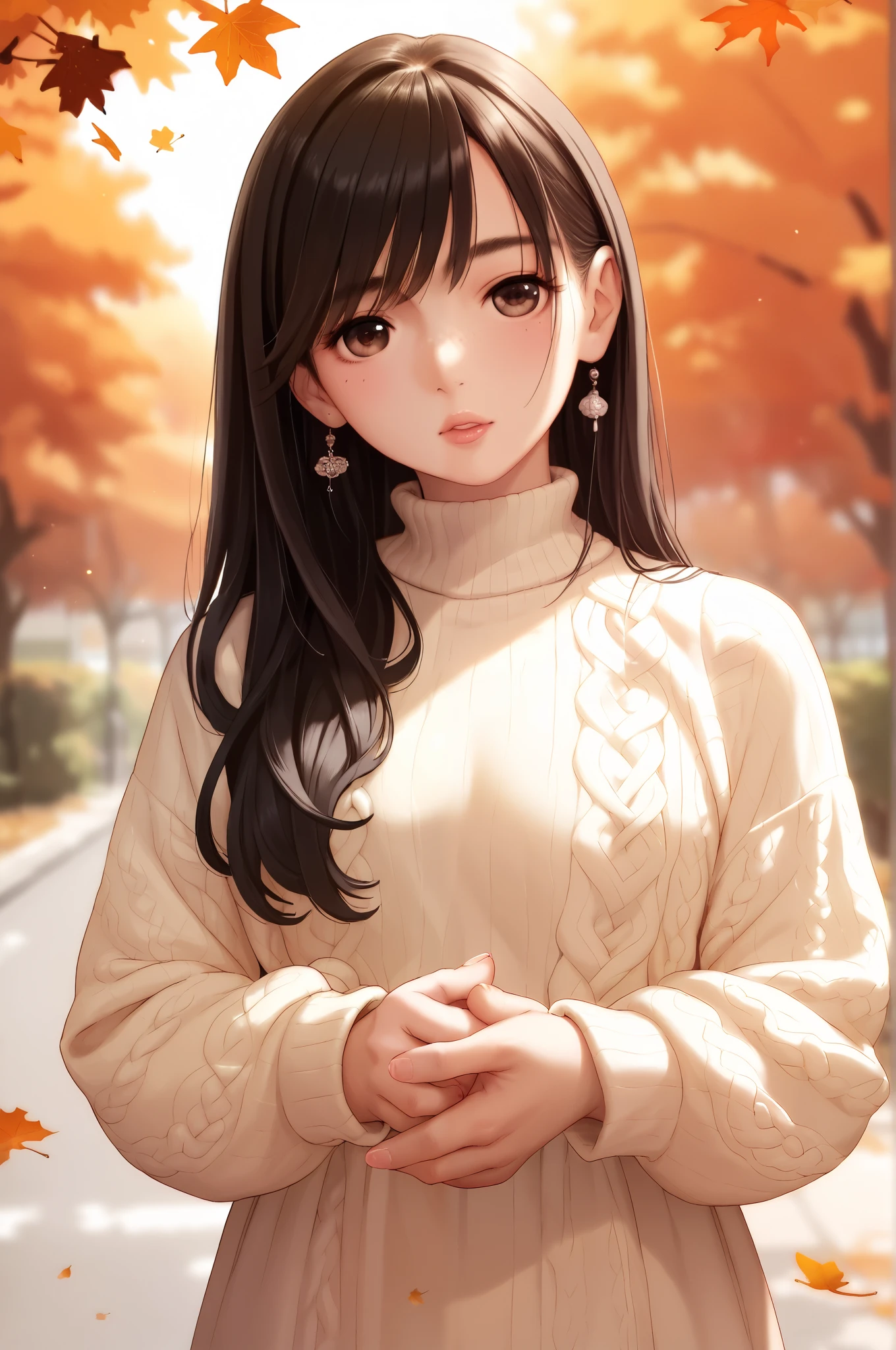  1 girl in uniform,  beautiful Japanese woman　Simply beautiful　 pubic skin　Glossy lips　 Perfect Body 　 black hair, 　 Very Beautiful 　 autumn park　 cm apart　Wavy long hairstyle　 sweater dress 