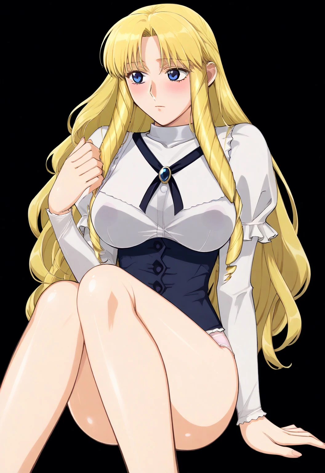 kazuyakiroda, score_7_up, source_anime, very aesthetic, absurdres, rating explicit, 1girl, solo, looking away, blush, (simple black background), sherry_belmont, blue eyes, drill hair, long hair, blonde hair, loose hair, straight hair, large breasts, underwear, sitting