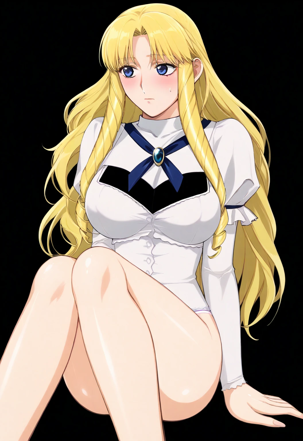 kazuyakiroda, score_7_up, source_anime, very aesthetic, absurdres, rating explicit, 1girl, solo, looking away, blush, (simple black background), sherry_belmont, blue eyes, drill hair, long hair, blonde hair, loose hair, straight hair, large breasts, underwear, sitting