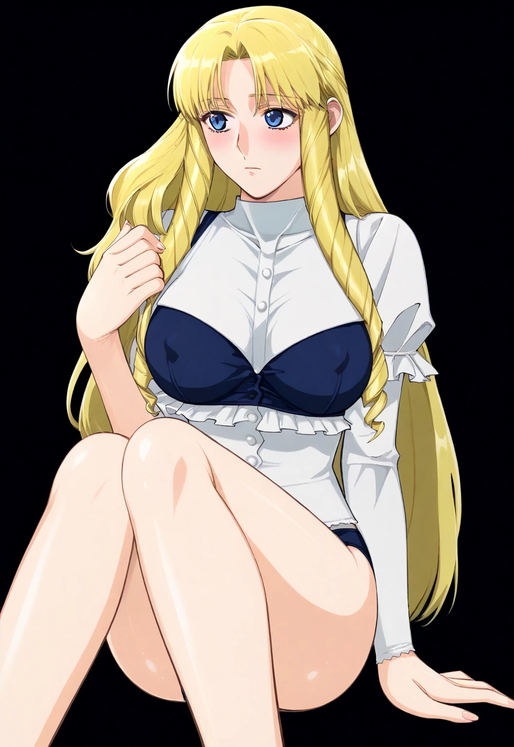 kazuyakiroda, score_7_up, source_anime, very aesthetic, absurdres, rating explicit, 1girl, solo, looking away, blush, (simple black background), sherry_belmont, blue eyes, drill hair, long hair, blonde hair, loose hair, straight hair, large breasts, underwear, sitting