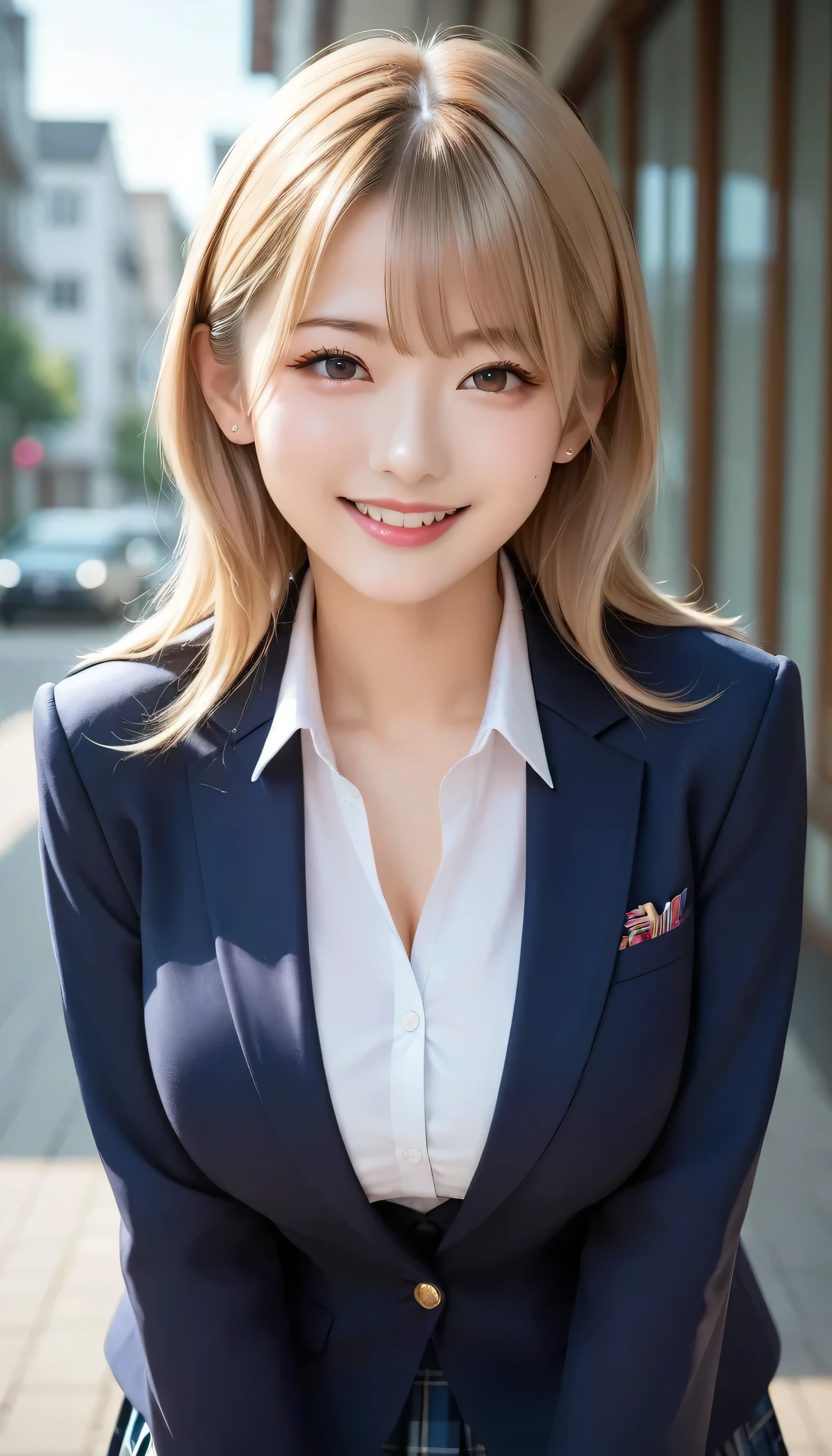  score_9,  score_8_up,  score_7_up, super detailed,  Hausmo Style  , 32K,  masterpiece  , top quality, super high definition ,  Beautiful Face and Eye Details,  beautiful Japanese woman ,  blonde hair  , invalid,smile,  steam,  school uniform ,  blazer,  modern style fitted jacket included,short skirt and tights, One girl who puts her hands on her back  , Big Breasts ,  lean forward  ,From a viewpoint, Lean forward and viewers  ,town