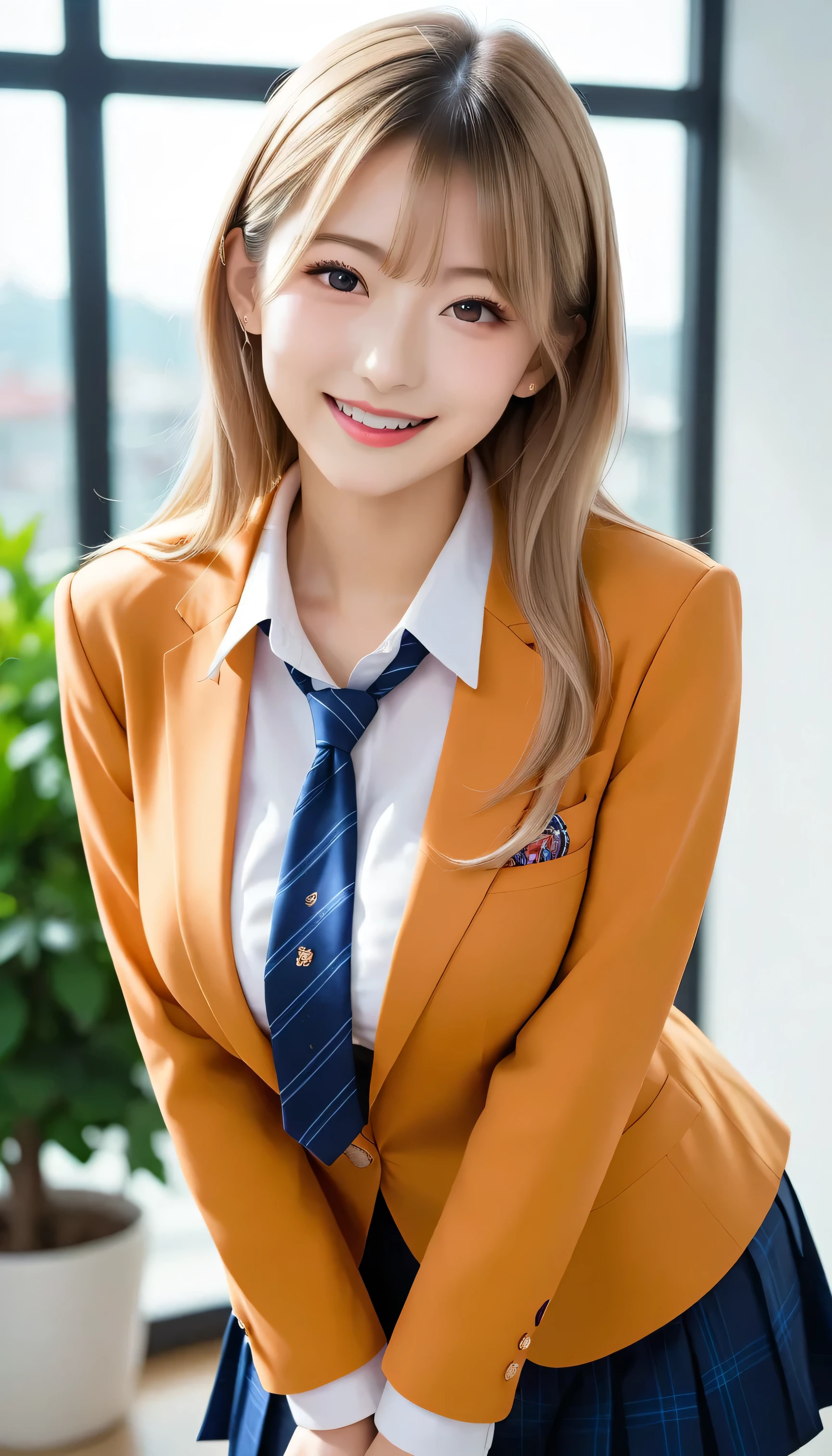  score_9,  score_8_up,  score_7_up, super detailed,  Hausmo Style  , 32K,  masterpiece  , top quality, super high definition ,  Beautiful Face and Eye Details,  beautiful Japanese woman ,  blonde hair  , invalid,smile,  steam,  school uniform ,  blazer,  modern style fitted jacket included,short skirt and tights, One girl who puts her hands on her back  , Big Breasts ,  lean forward  ,From a viewpoint, Lean forward and viewers  ,town