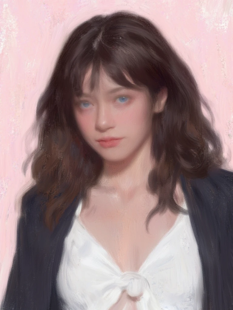 Digital painting featuring a woman with fair skin and long, wavy brown hair. She has striking blue eyes and a confident expression. The subject is wearing a white top with a knot detail at the front, paired with a dark jacket draped over her shoulders. The background is an abstract mix of soft pink and white brushstrokes, adding a dynamic and artistic feel to the composition. The lighting highlights her facial features, creating a sense of depth and realism. The overall style is modern and expressive, with a focus on bold colors and smooth textures.