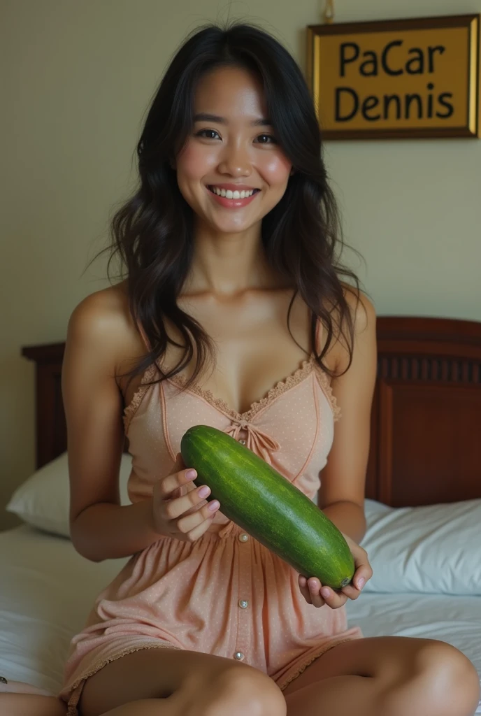 A girl with blue angel wings, mouth open, holding a large cucumber, sunlight shining on her face, eyes looking at the boy in front, hair studded with tulips, skin as white as peeled eggs, long black braided hair, and seductive big breasts. Wearing a purple bra, wearing a purple maid outfit, posing, the background is a large lion