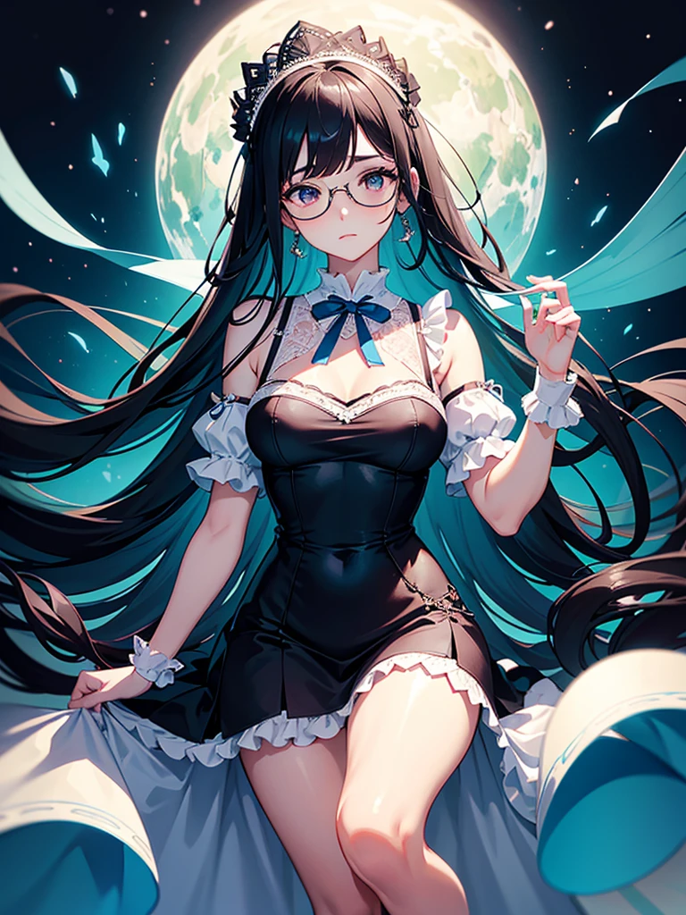 ((masterpiece)), ((best quality)), (ultra-detailed), ((kawaii)), cute, (lovely), illustration, anime style, 1girl, cute girl, solo, (from side:1.3), (midnight:1.3), (full moon:1.5), (moonlight:1.2), (beautiful eyes), beautiful black hair, (long hair), (horseshoe-shaped hairband), slim, slender, glasses, medium breast, (sad smile:1.5).