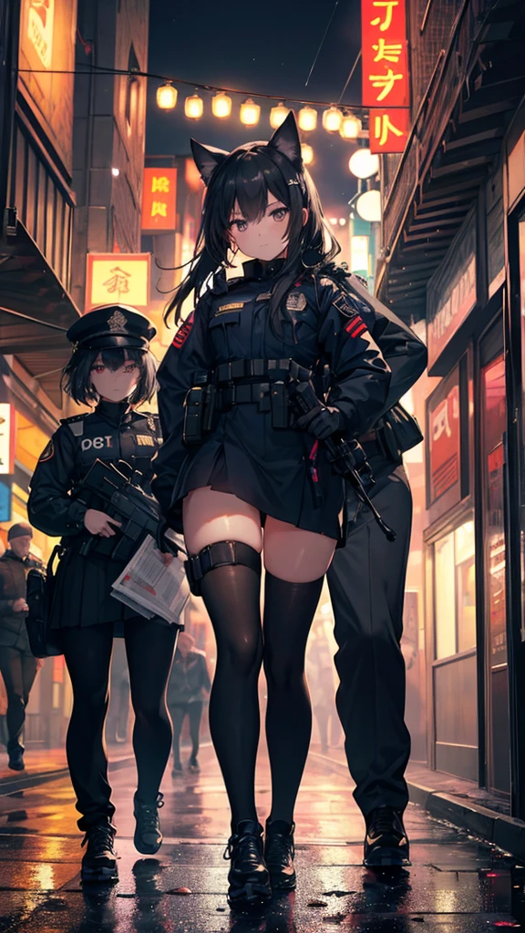 ((masterpiece,best quality)),1girl, from below, solo, hood, black hair, sky, cloud, red eyes, leotard, looking at viewer, building, cloudy sky, power lines, cityscape, scenery, city, night, school bag, fingerless gloves, holding weapon, cloak, boots, pantyhose, thighhighs, neck ribbon, earrings, military uniform,