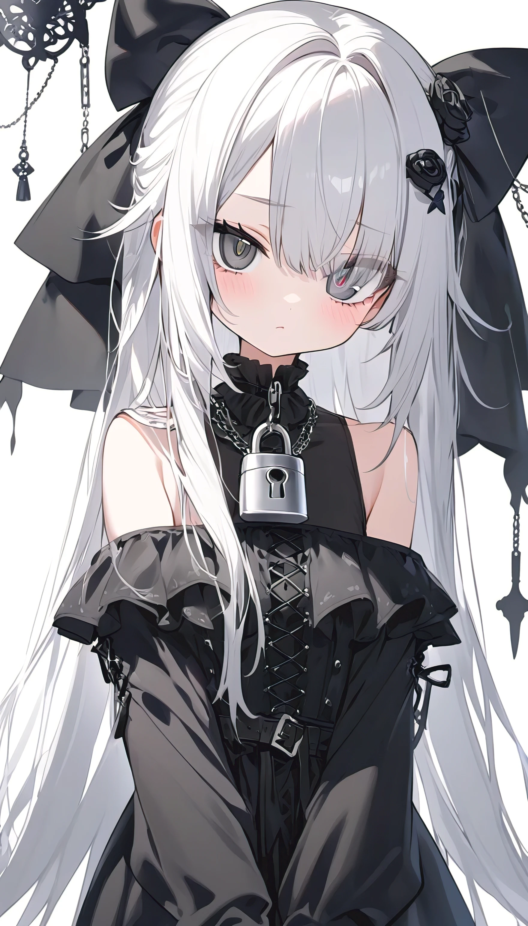 Anime girl with long white hair and black dress holding a lock - SeaArt AI