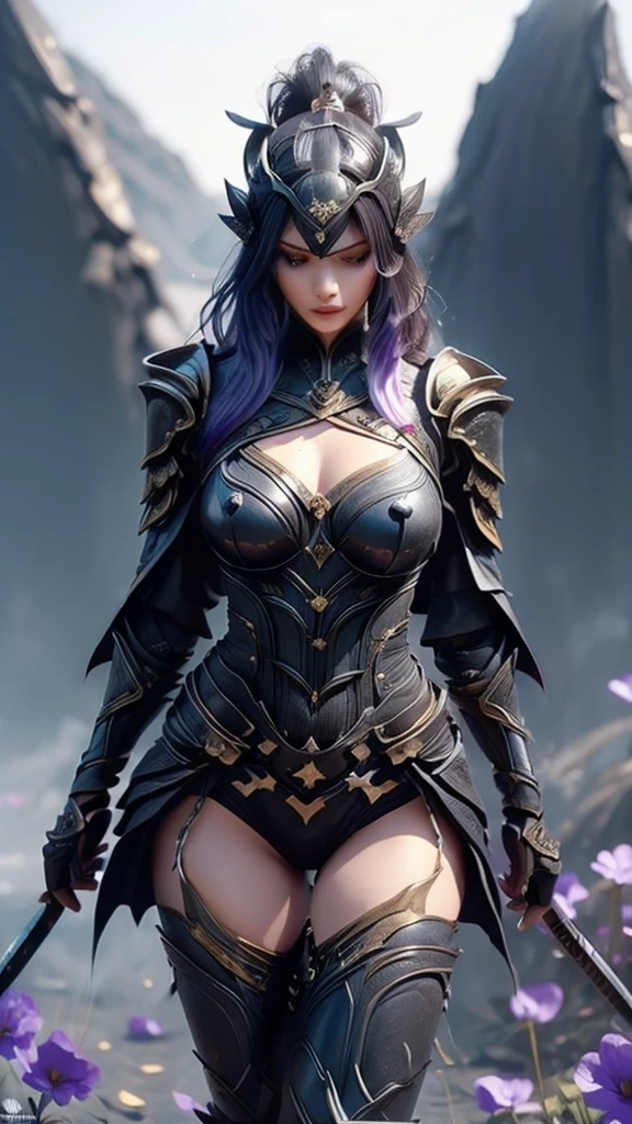 {best quality}, {very aesthetic}, {ultra-detailed}, nsfw, ((on stomach pose))、((dynamic angle))、 sexy female character wearing black armor as a warrior from the Sengoku period 、((realistic))、((long, flowing hair))、((dark brown hair ))、((toned body))、(glistening skin)、 tight body、((mega breasts 1.8))、 plump breasts 、 plump thighs 、 black armor with a viola flower pattern engraved on it、((underboob))、(  wear a cape with a viola flower pattern )、(drape skirt)、 black shin guard with a black viola flower engraved on it、Black high-leg underwear 、Black tights、 absolute domain、(holding katana)、Dramatic lighting、Brilliant sunrise、 on top of the hill、viola、((Black flowers are dancing ))、((Black flowers in full bloom are blooming in the background ))、(( Large black flowers in full bloom are blooming on the front))、 cinema-like scene 、 Max Image、 Ultra High Definition、8k、masterpiece、crisp quality、