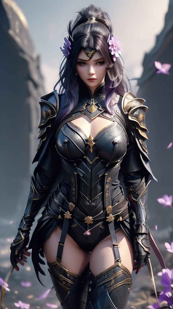 {best quality}, {very aesthetic}, {ultra-detailed}, nsfw, ((on stomach pose))、((dynamic angle))、 sexy female character wearing black armor as a warrior from the Sengoku period 、((realistic))、((long, flowing hair))、((dark brown hair ))、((toned body))、(glistening skin)、 tight body、((mega breasts 1.8))、 plump breasts 、 plump thighs 、 black armor with a viola flower pattern engraved on it、((underboob))、(  wear a cape with a viola flower pattern )、(drape skirt)、 black shin guard with a black viola flower engraved on it、Black high-leg underwear 、Black tights、 absolute domain、(holding katana)、Dramatic lighting、Brilliant sunrise、 on top of the hill、viola、((Black flowers are dancing ))、((Black flowers in full bloom are blooming in the background ))、(( Large black flowers in full bloom are blooming on the front))、 cinema-like scene 、 Max Image、 Ultra High Definition、8k、masterpiece、crisp quality、