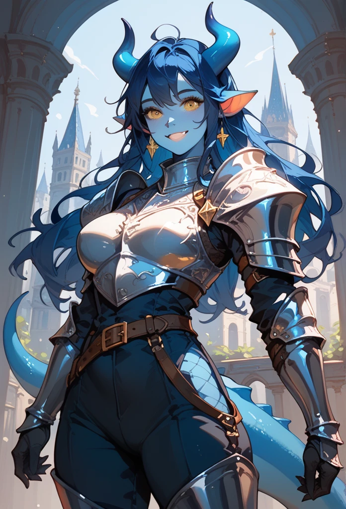 (cowboy shot) female knight, full knight armour, dark pants, Adult female kobold girl, with a long dark blue hair, long hair, tail, yellow eyes, blue skin, small blue horns, and an athletic body Small loving smile, tower background.