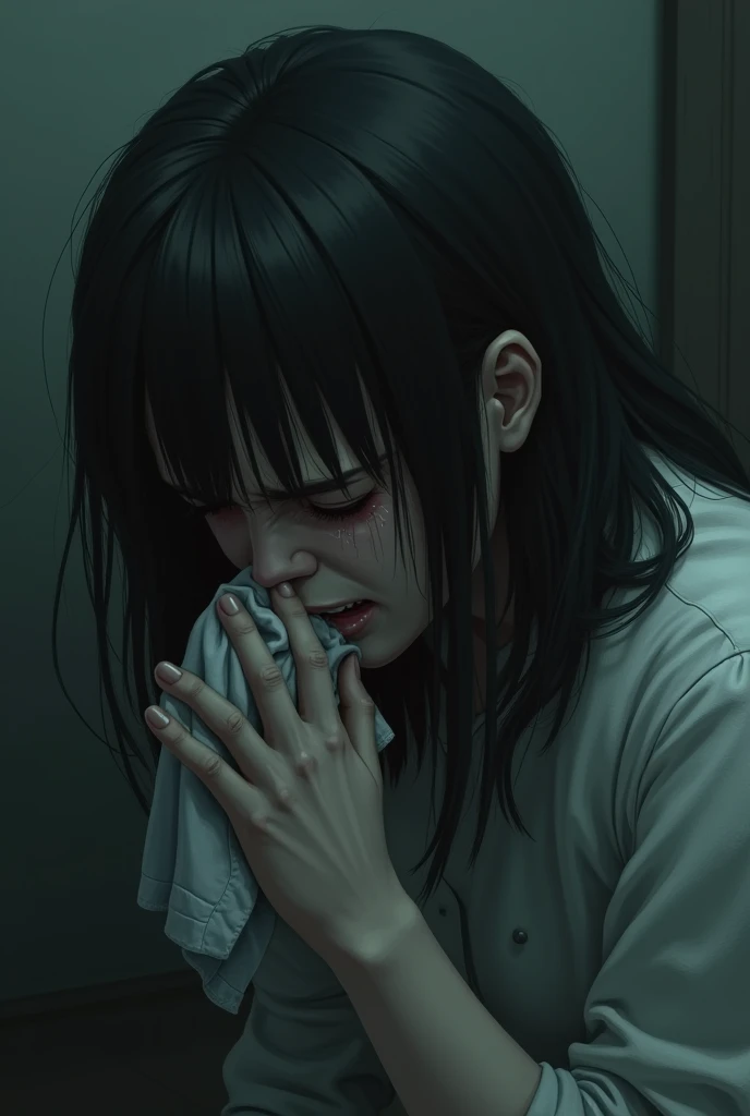 Japanese female student crying ,HD,4k, realistic,the night,Full Body Angle, women's toilet background, face looking at the camera with glassy eyes and shedding tears,