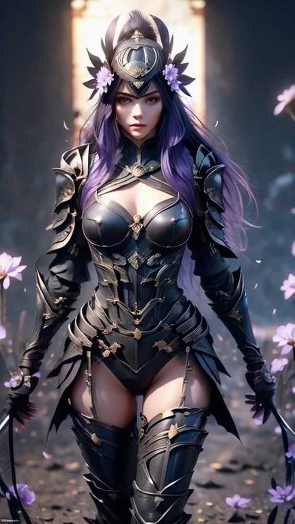 {best quality}, {very aesthetic}, {ultra-detailed}, nsfw, ((on stomach pose))、((dynamic angle))、 sexy female character wearing black armor as a warrior from the Sengoku period 、((realistic))、((long, flowing hair))、((dark brown hair ))、((toned body))、(glistening skin)、 tight body、((mega breasts 1.8))、 plump breasts 、 plump thighs 、 black armor with a viola flower pattern engraved on it、((underboob))、(  wear a cape with a viola flower pattern )、(drape skirt)、 black shin guard with a black viola flower engraved on it、Black high-leg underwear 、Black tights、 absolute domain、(holding katana)、Dramatic lighting、Brilliant sunrise、 on top of the hill、viola、((Black flowers are dancing ))、((Black flowers in full bloom are blooming in the background ))、(( Large black flowers in full bloom are blooming on the front))、 cinema-like scene 、 Max Image、 Ultra High Definition、8k、masterpiece、crisp quality、