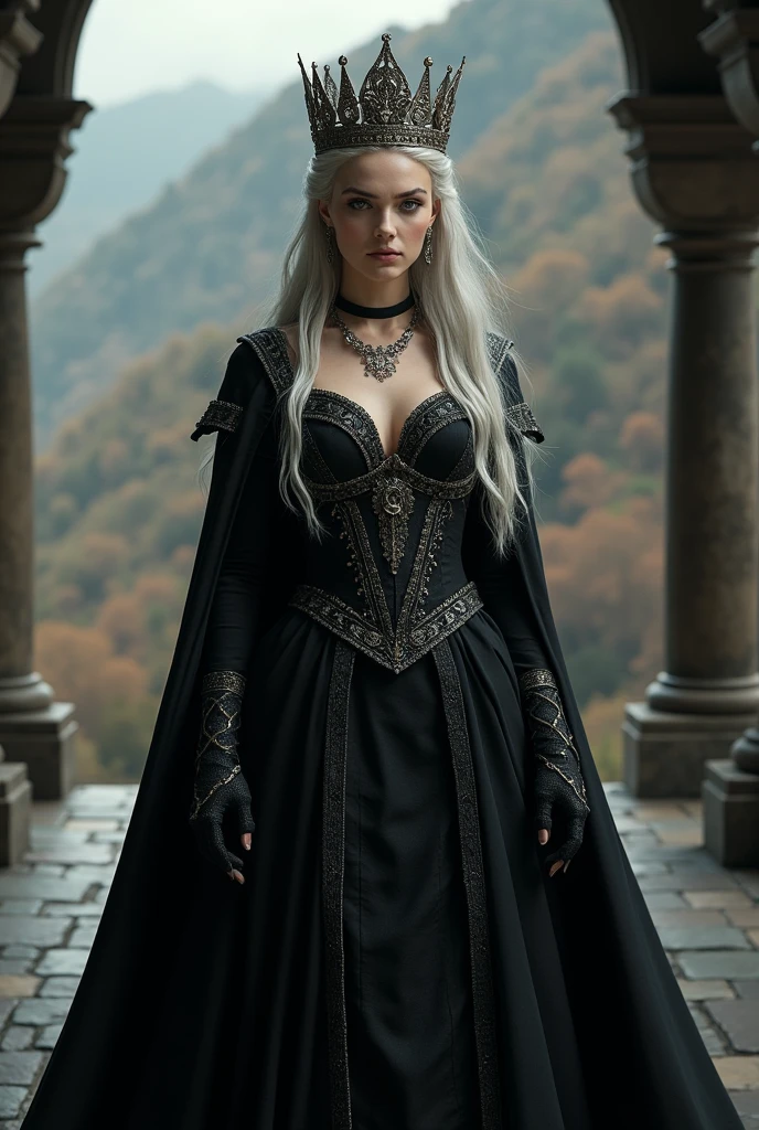 Half body of a beautiful young woman with long wavy white hair, with a black crown adorned with jewels and ornaments, black armor. The armor is intricately designed with detailed patterns, covering the shoulders and chest. She has a calm, confident expression on his face, with a soft gaze that looks slightly to one side. the background is blurred, suggesting an ancient or mystical setting, possibly ruins or an ancient stone structure.