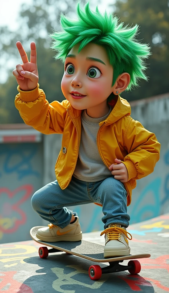 jojo, 38-year-old male, Photorealistic, 8k, photography, masterpiece, detailed face, with green messy hairstyle, wearing hip-hop style costume, wearing sport shoe, standing on old and ruin wooden graffiti skateboard with legs tucked back on right side. Gesturing, a hand making the ILY sign, with the fingers perfectly positioned, detailed nose, detailed eyes, detailed lips, The background is an outdoor skateboard park. wide angle lenses