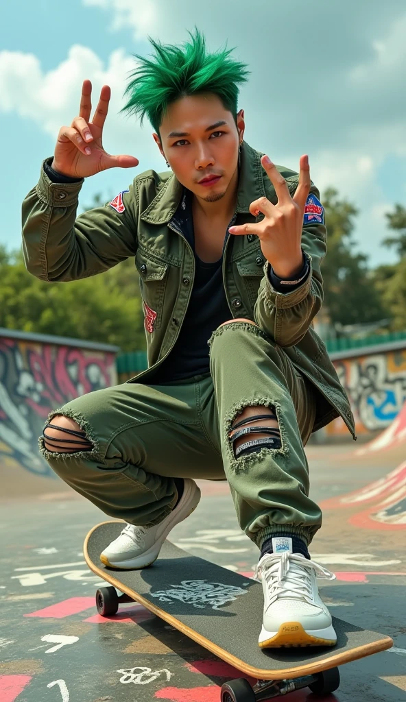 jojo, 38-year-old male, Photorealistic, 8k, photography, masterpiece, detailed face, with green messy hairstyle, wearing hip-hop style costume, wearing sport shoe, standing on old and ruin wooden graffiti skateboard with legs tucked back on right side. Gesturing, a hand making the ILY sign, with the fingers perfectly positioned, detailed nose, detailed eyes, detailed lips, The background is an outdoor skateboard park. wide angle lenses