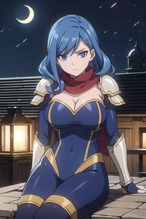 Juvia Lockser, blue eyes, blue hair, long curly hair, mature female, large breasts, (detailed armor leotard:1.1),  sitting on rooftop, (leaning pose),  (light armor:1.1) with ornate patterns, red scarf,  blue hair,  blue eyes,  looking slightly to the right,  facing viewer,  medieval-style architecture,  night scene, crescent moon,  fantasy style illustration,  full-color,  soft lighting, (dynamic lighting),  detailed textures,  stylized art.