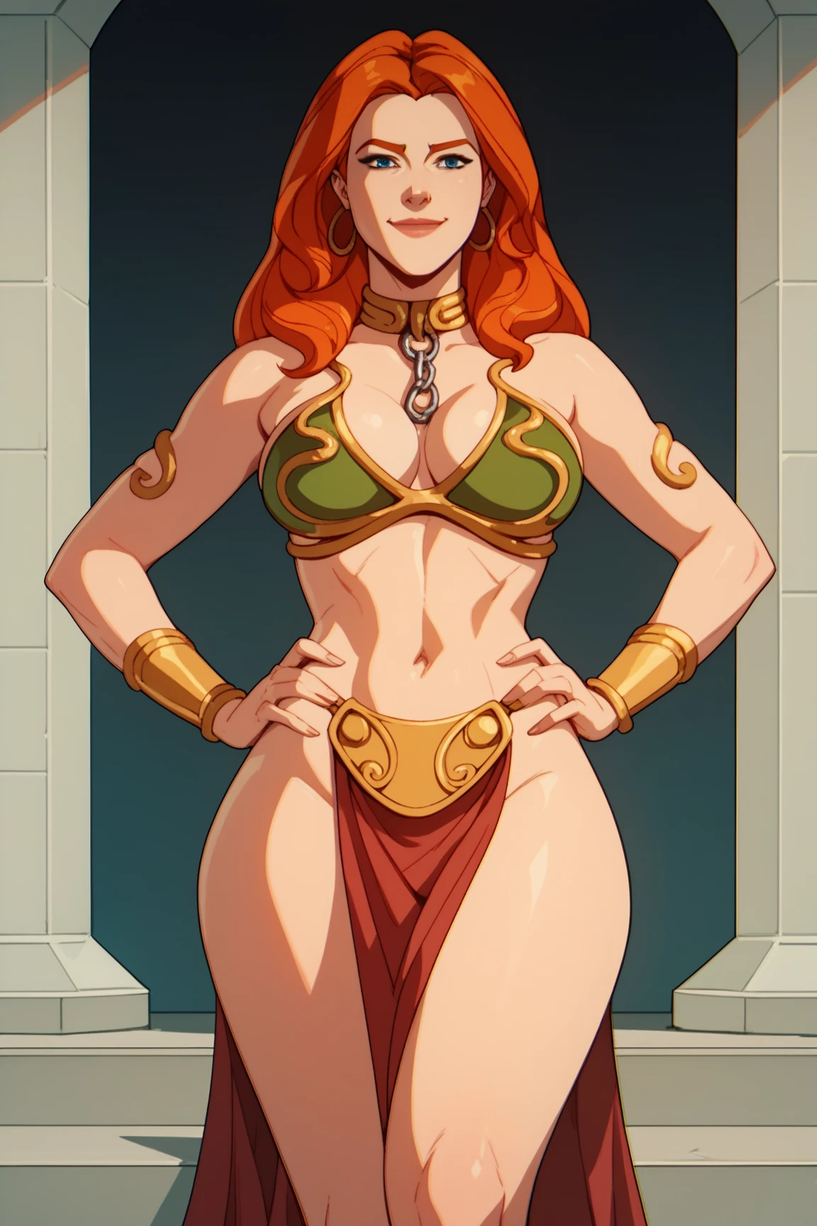 score_9, score_8_up, score_7_up, score_6_up, score_5_up, score_4_up, BREAK, 1girl, Jean, orange hair, blue eyes, slave leia outfit, standing, hands on hips, smiling, closed mouth, Large breasts, big butt