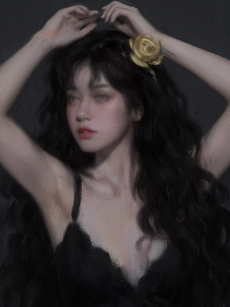 Image is a digital painting featuring a woman with long, flowing dark hair adorned with a gold rose accessory. She has fair skin and is depicted with a serene expression. The woman is wearing a black, strappy dress that accentuates her form. Her arms are raised above her head. The background is a dark, muted color, adding to the dramatic and elegant atmosphere of the artwork. The style is realistic with soft, painterly brushstrokes, emphasizing the play of light and shadow on her skin and clothing.