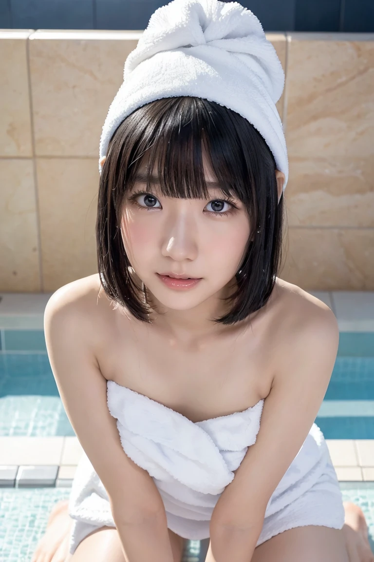 High definition、Beautiful nude Japanese girl with white hair、woman、H cup naked breasts、Wet hair、Your body is wet、Sitting with legs spread apart on a park bench at night、Legs spread wide、View from diagonally above