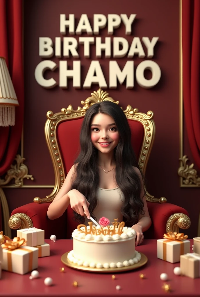 create realistic illusion image on a king chair and girl is cutting
the birthday cake, there are many gifts kept
next to it and "Happy Birthday Mahur" 3d text
is written on the back wall, looking at each
other, romantic, smiling, watch, bracelet,
necklace