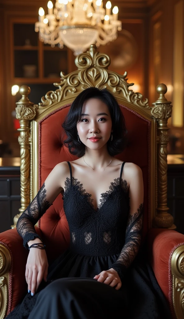 A beautiful Korea woman, wearing a black gothic gown with a low-cut neckline and lace details, sitting on a baroque gold throne in a grand dark room with sparkling chandeliers, sharp focus, realistic skin, masterpiece, art station, 16k, Photorealistic style. lady, detail face, detail eyes, detailed lips, perfect shape.