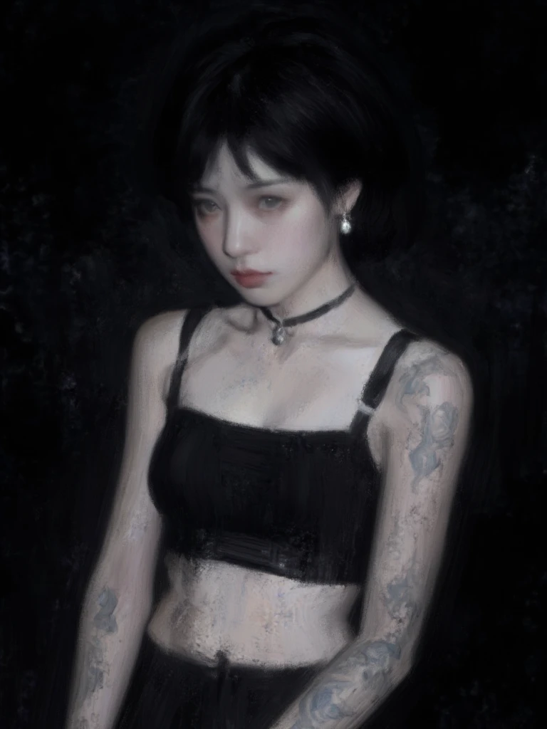 Image is a digital artwork featuring a female character with a gothic aesthetic. She has pale skin and short, dark hair that frames her face. Her eyes are striking and intense, adding to her mysterious appearance. She wears a black crop top with thin straps, revealing a toned midriff. Her arms are adorned with intricate, lace-like patterns that resemble tattoos or magical markings. She accessorizes with dangling earrings and a choker necklace with a pendant. The background is dark and atmospheric, enhancing the moody and enigmatic vibe of the scene.