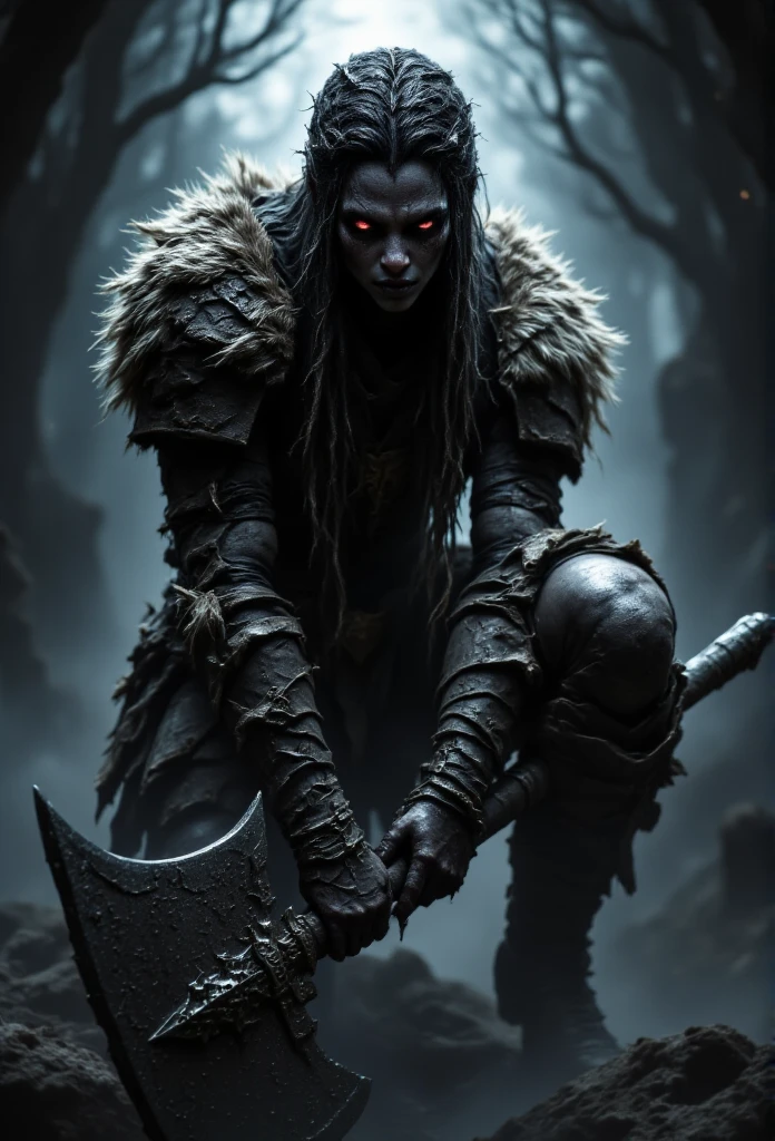   ((masterpiece)) ((photography)) ((Highest quality))  A fierce female warrior with long braided hair, adorned with intricate war paint across her face, crouches in a dark, misty environment. She has an intense red glowing eyes. She is clad in rugged, armor featuring fur accents and leather elements. Her intense gaze is focused as she grips a massive, ornate axe, ready for battle. The atmosphere is dramatic, illuminated by subtle light that highlights her strong physique and the texture of her armor, creating an aura of strength and determination.