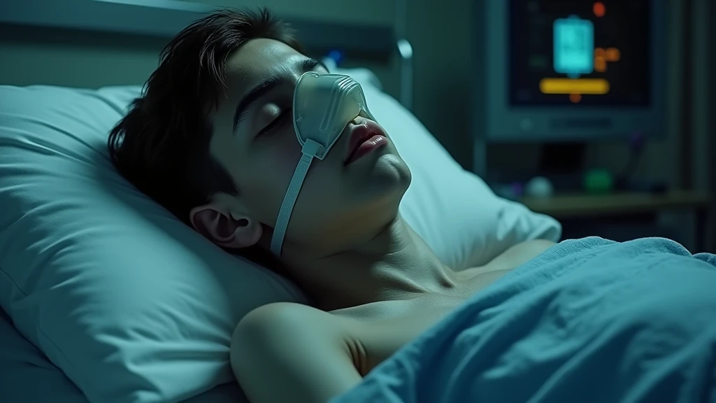 Shirtless 20 year old man lying on operating table. Unconscious. Wearing oxygen mask