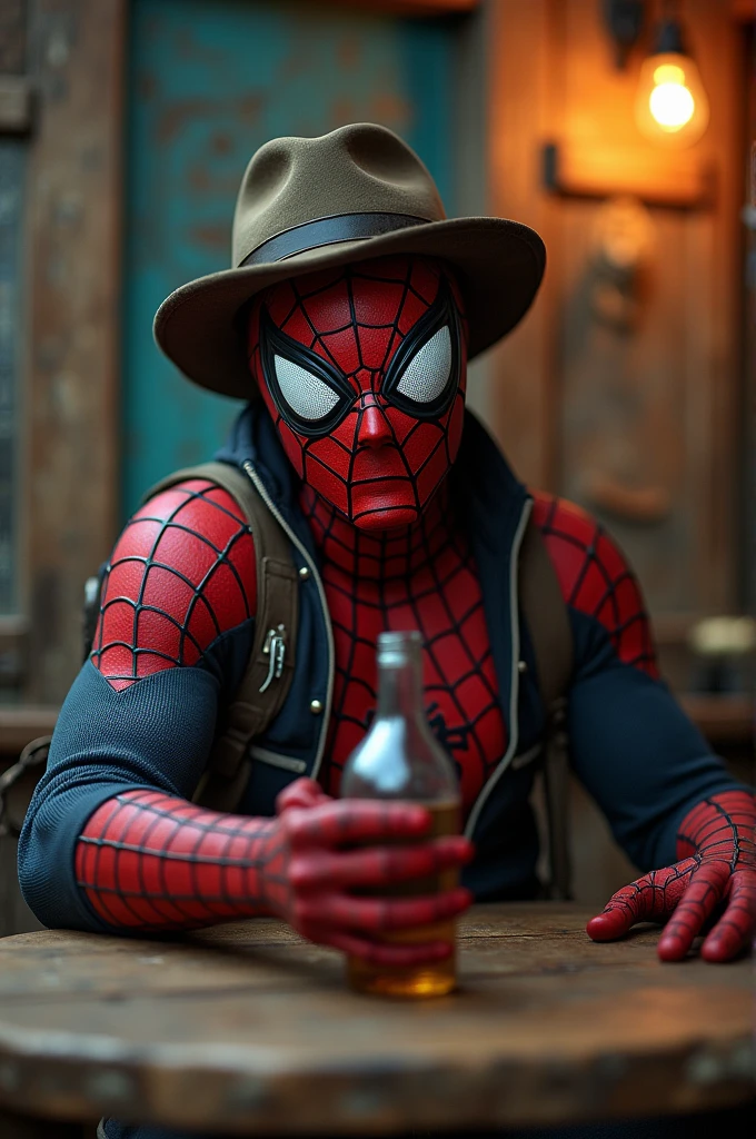 A cowboy spiderman (spiderman mask) with cigarette in hand((happy smirking 1.4)), action, dark side, Mystery, Dark Background, pastels, by harry bush, James Montgomery Flagg and Lois van Baarle and jim french and rossdraws, detailed realistic eyes, very handsome, beautiful