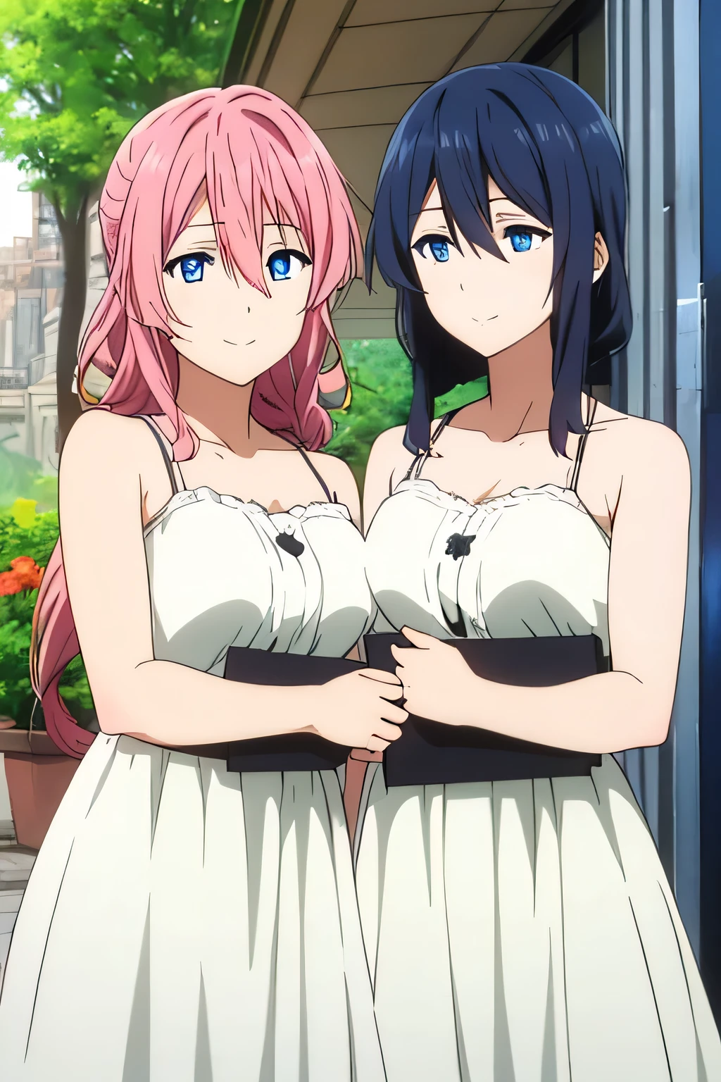 high quality, definition, light smile, twin girls, long hair, curly pink hair, dark blue hair. both have blue eyes and wear white dresses