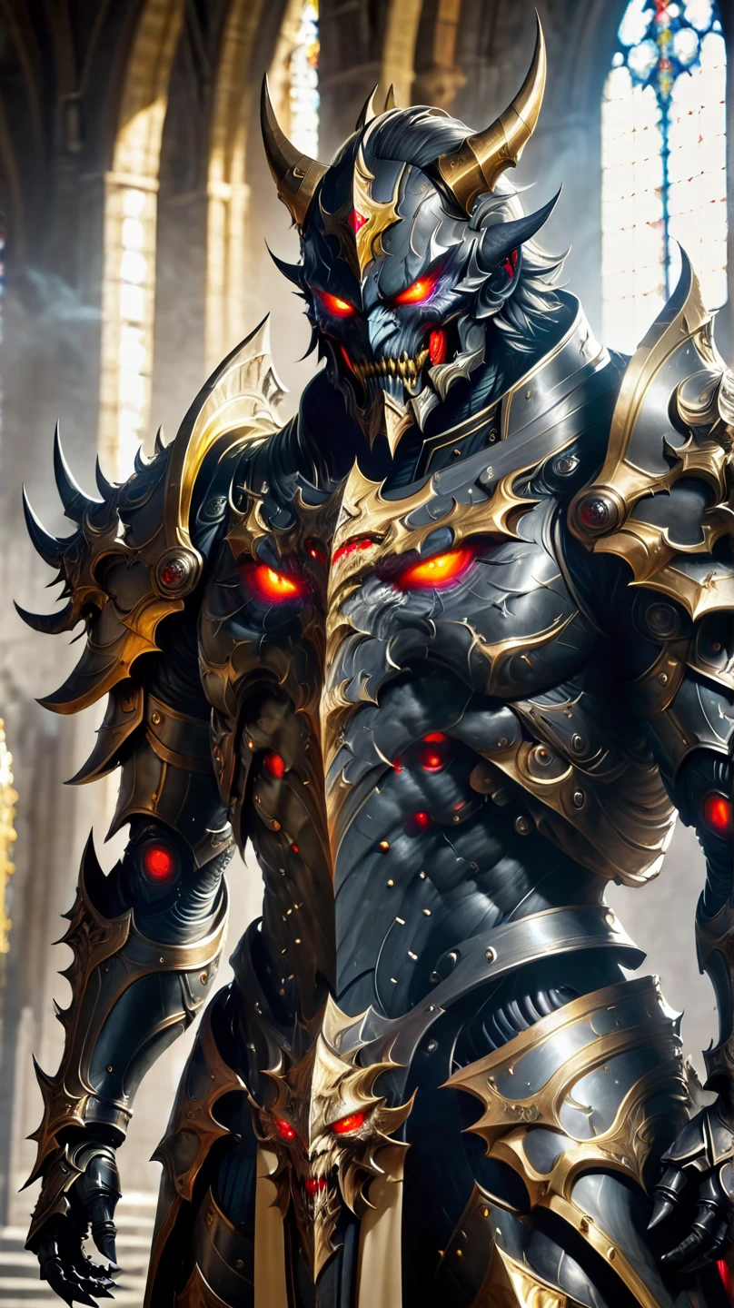 A fearsome and powerful demon in a golden Paladin costume.、 Red Glowing Eyes.Mysterious church、Overwhelming force、 Adult Male. perfect figure .slim and strong body. Knight Commander . Bold composition、 full body image 