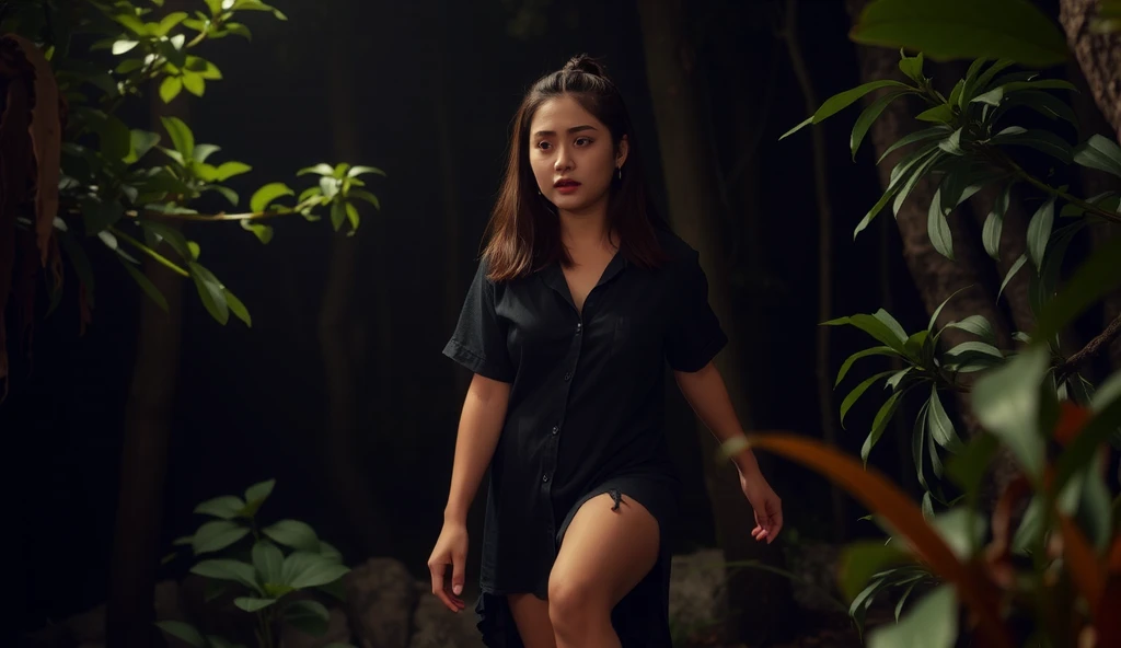 "((realistic photo)) A 19-year-old beautiful girl with a worried expression, wearing a worn and dirty black batik shirt and a black tattered skirt, walking through a dense forest at night. The girl is looking around anxiously, as if searching for something. Her gesture is cautious and alert, with her body slightly leaning forward as she steps through the wilderness. The surrounding jungle is dark, and the scene is lit by the faint light of the moon filtering through the trees, creating soft shadows on the ground. The environment appears realistic with detailed textures of the rough bark, leaves, and undergrowth. The forest is dense, filled with tall trees, plants, and overgrowth. The natural setting is untouched and wild, creating a sense of isolation and tension. The composition has a low angle shot, emphasizing the vastness of the forest and the girl's vulnerability. The lighting is subtle, with soft, natural moonlight casting gentle highlights and shadows. The image is highly detailed, 4K resolution, showing the intricate textures of the forest floor, the girl's clothing, and her expression. The mood is tense, evoking a sense of unease, with high contrast between the shadows and moonlit areas of the forest."