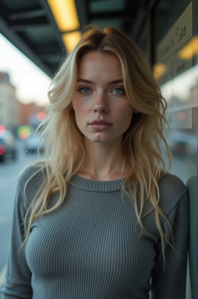 Extremely realistic blonde Russian girl with blonde hair and blue eyes, wearing a pink wool jumper, entire body, pic from the side