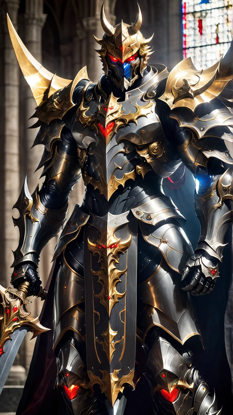 A fearsome and powerful demon in a golden Paladin costume.、 Red Glowing Eyes.Mysterious church、Overwhelming force、 Adult Male. perfect figure .slim and strong body. Knight Commander . Bold composition、 full body image 