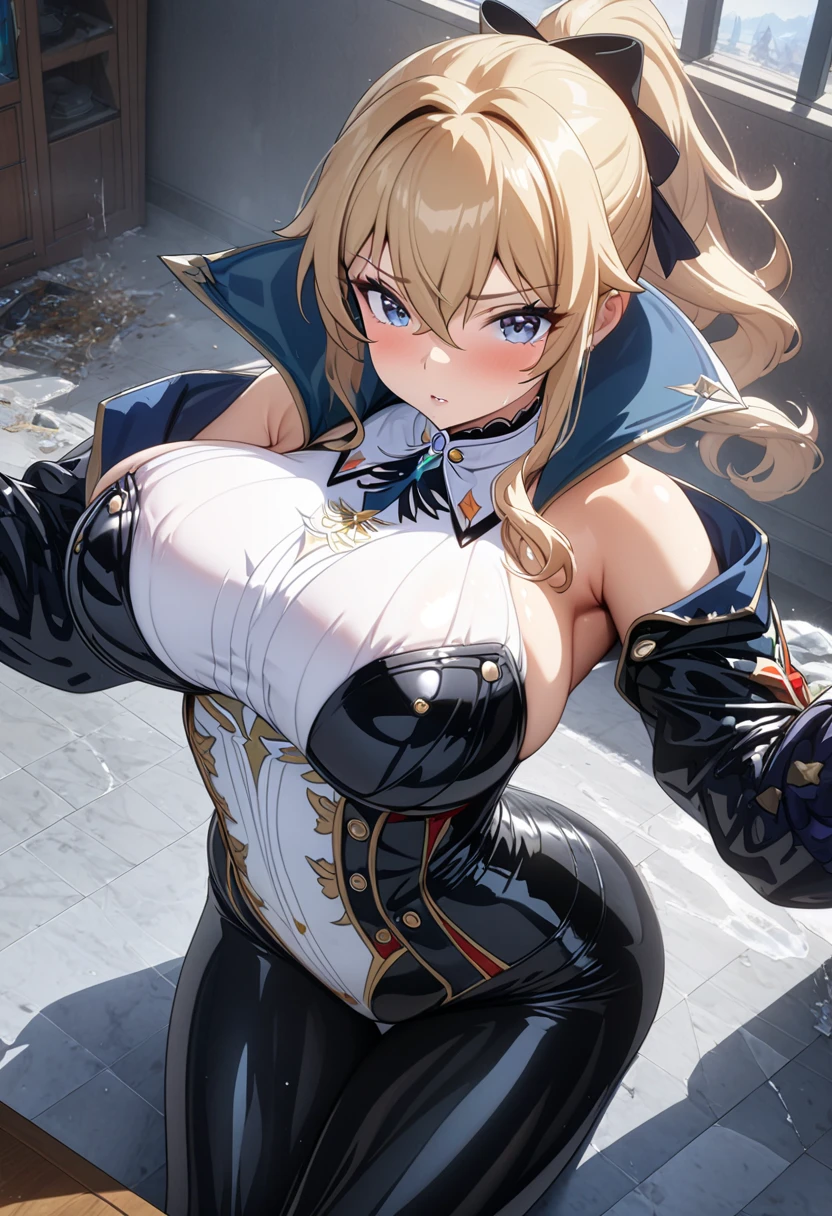 1girl,solo,super detailed skin,shiny skin,wet oily skin,anger vein, ,eyelashes,blonde hair,medium hair,forehead,large breasts ,unique and complex clothes,axe kick at viewer,fantasy city,masterpiece,best quality,ultra detailed,high resolution,sharp focus,depth of field