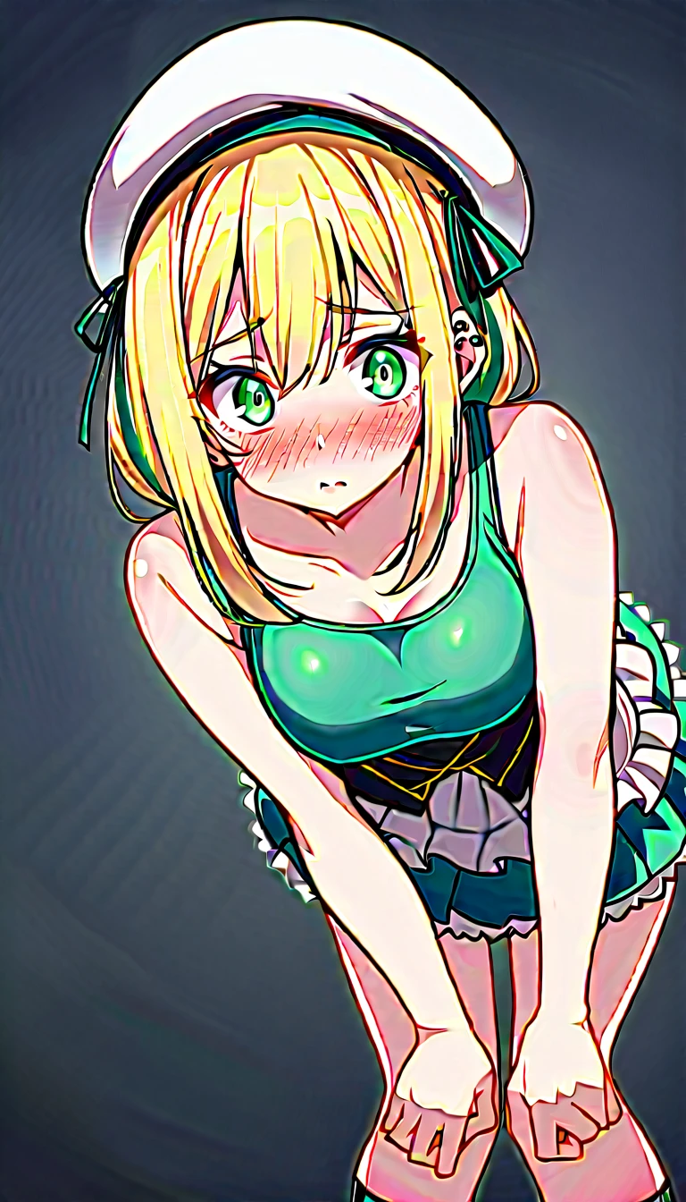masterpiece, highest quality,excellent anatomy、1 girl cute girl, short hair, tiny thong, back view, looking back , light blond hair、heterochromia eyes、idol type、cute lime green dress、Heart-shaped shining eyes、a smile that charms you, perfect ass, big ass