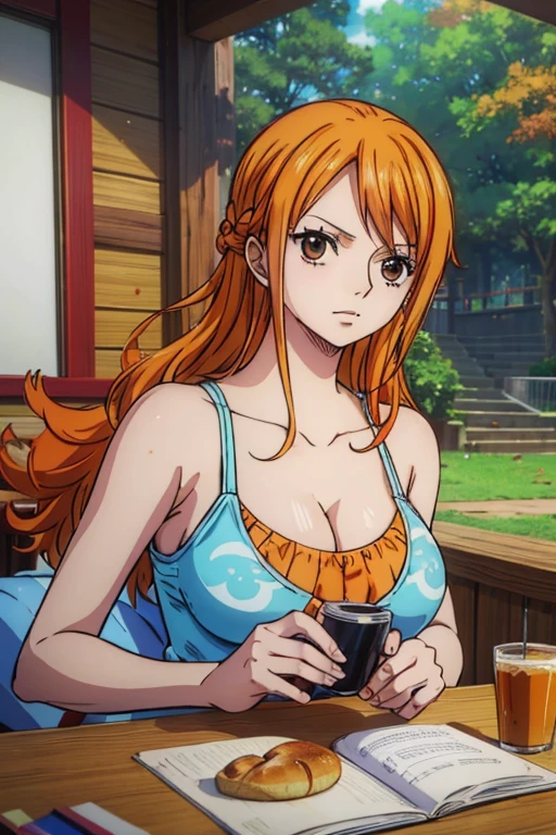  (  masterpiece  , top quality, 4K, 8k,   kampala,   masterpiece  :1.2),  super detailed, ( realistic , photo realistic , photo- realistic :1.37) , Generate an anime style for Nami in One Piece, must be drawn in anime style ,Her hair is bright orange,(  orange hair,  long hair: 1.2),   Beautiful Eye Details , ( realistic な肌),  Beautiful skin, Beautiful lipstick, beautiful lips, Charming,Left shoulder tattoo,  beautiful brown eyes,Beautiful Hair , Big Breasts ,bread,Enjoy a relaxing vacation by train ,Light blue clothes,light blue hair ornament,アートスタイルはCharmingなアニメスタイルに似ている,  rendering, HDR must be added for better visual effects  , 超  kampala,   Studio Lighting  , Fine painting,  sharp concentration, 物理ベース rendering,  professional in a forest with autumn leaves,   bright color,((( top quality))), (( super detailed)),((  masterpiece  :1.5)),  detailed pictures, ( top quality: 1.4), 超  kampala,  high image quality,Perfect means, perfect limb,Perfect means