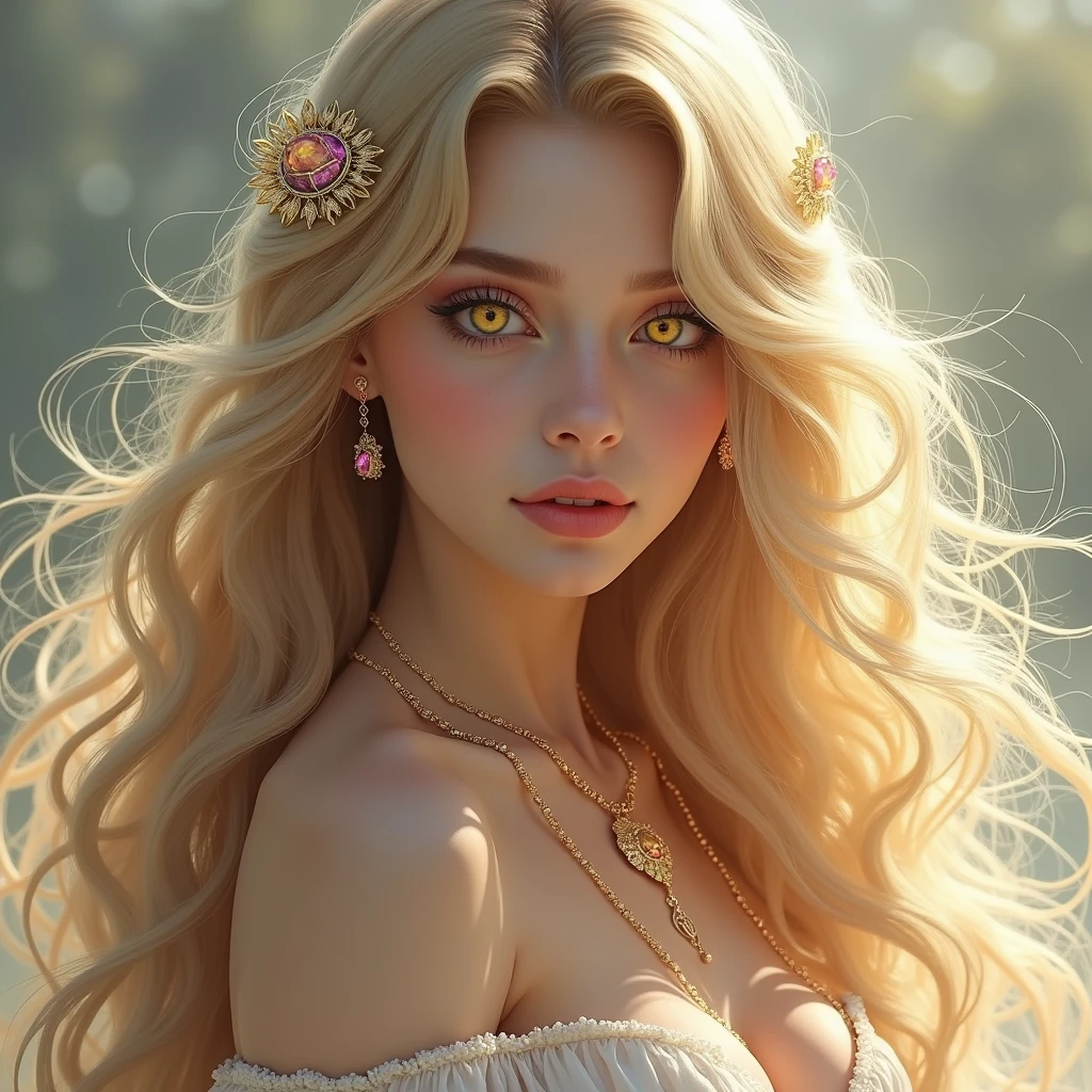 CG K Ultrarealistic ,((premium、8k、32K、masterpiece、NffSW:1.3)), (superfine illustration)、(super high resolution), (((adult body))), (masterpiece, Best Quality:1.2),a beautiful girl，Skin details processing.....，The eyes are finely described.....，delicate hair，long wavy hair，long light hair，She has a big bow on her head....，Modern clothing ,violet rose, yellow and green，clean background