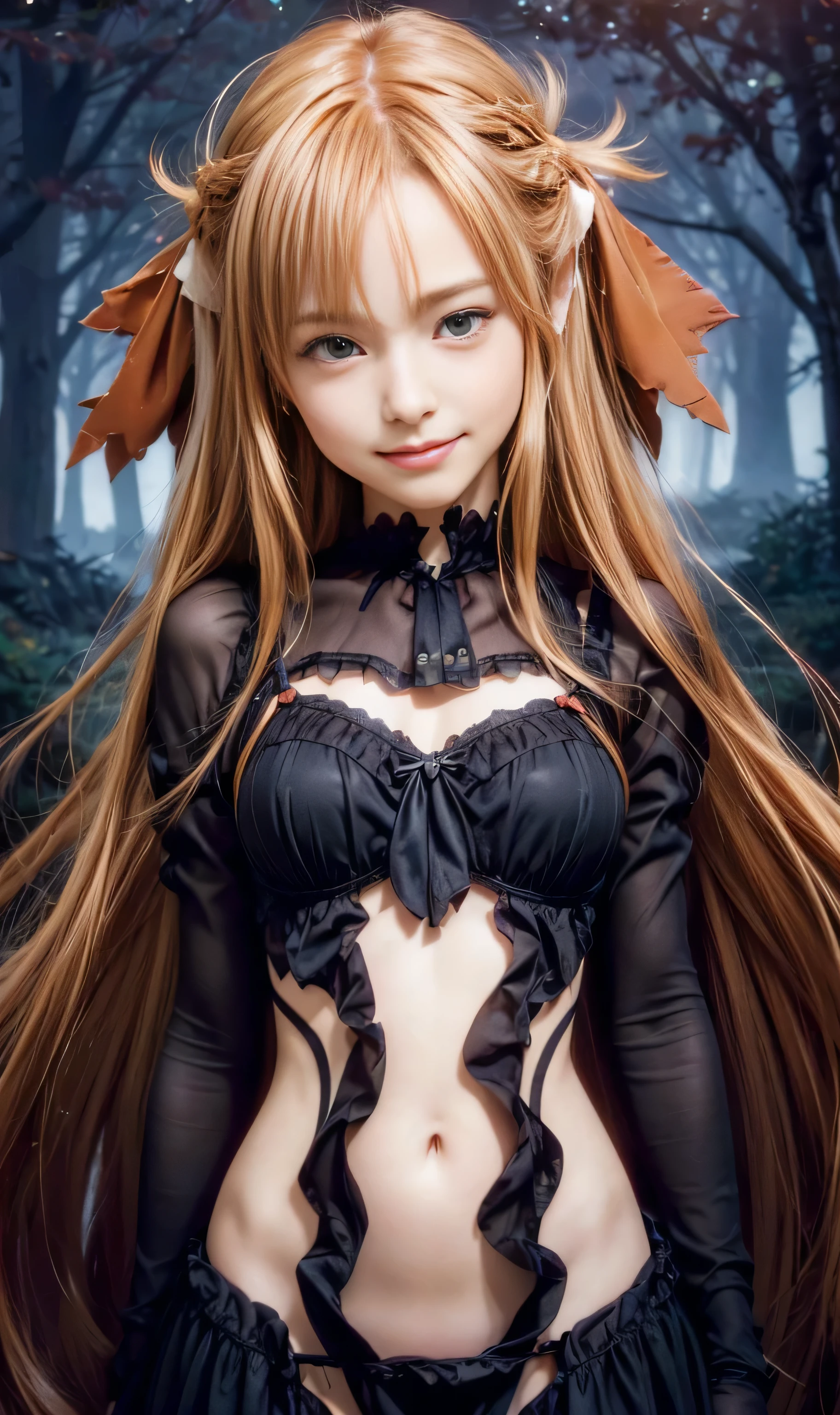 masterpiece, best quality, (realistic,photo-realistic:1.4), (RAW photo:1.2), extremely detailed CG unity 8k wallpaper, delicate and beautiful, amazing,finely detail, official art, absurdres, incredibly absurdres, huge filesize, ultra-detailed,extremely detailed eyes and face,light on face,(little smile),golden eyes,asuna yuuki,(caramel hair:1.4),very long hair,(wearing lingerie:1.4),(nature background:1.4)