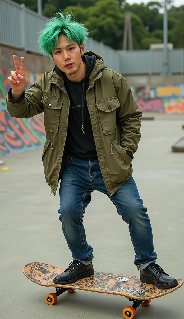 jojo, 39-year-old male, Photorealistic, 16k, photography, masterpiece, detailed face, with green messy hairstyle, wearing hip-hop style costume, wearing sport shoe, standing on old and ruin wooden graffiti skateboard with legs tucked back on right side. Gesturing, a hand making the ILY sign, with the fingers perfectly positioned, detailed nose, detailed eyes, detailed lips, The background is an outdoor skateboard park. wide angle lenses