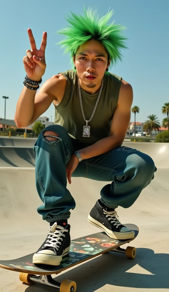 jojo, 39-year-old male, Photorealistic, 16k, photography, masterpiece, detailed face, with green messy hairstyle, wearing hip-hop style costume, wearing sport shoe, standing on old and ruin wooden graffiti skateboard with legs tucked back on right side. Gesturing, a hand making the ILY sign, with the fingers perfectly positioned, detailed nose, detailed eyes, detailed lips, The background is an outdoor skateboard park. wide angle lenses