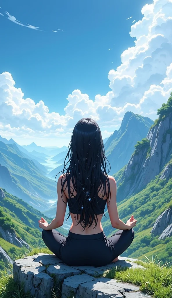  A beautiful young Korean woman .
 Long black hair down to her feet , Colored glitter .
 She is dressed in a sportswear .
 She is on top of a rocky and grassy mountain sitting in a lotus position admiring the sky.
Shimmering blue sky . 
 A valley at the bottom of the mountain .
Scene seen from behind 
Anime style