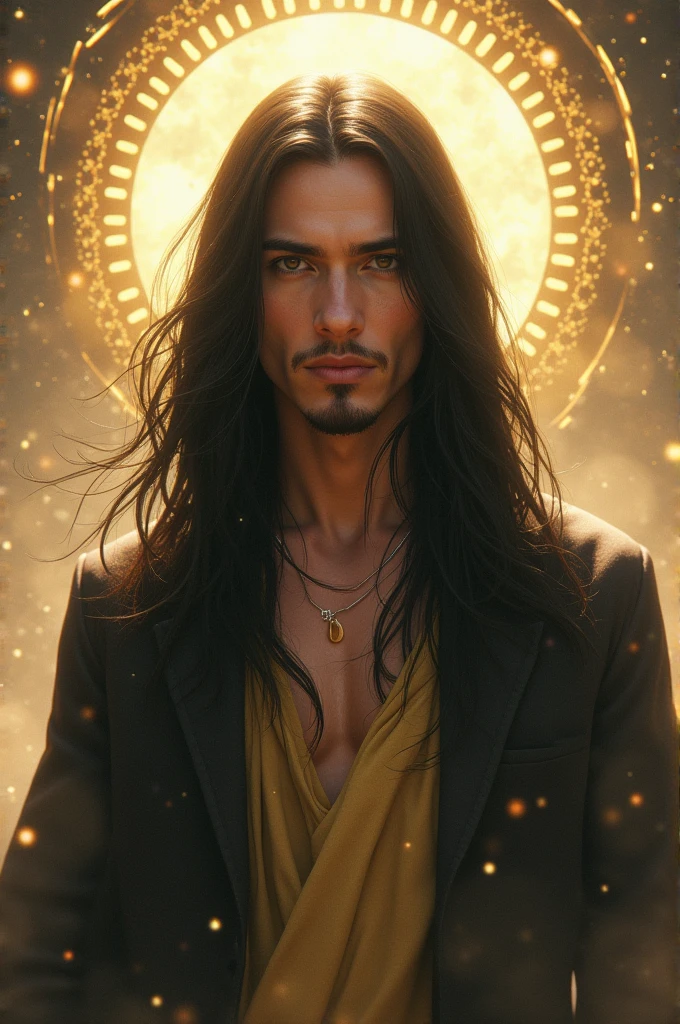 ((best quality)), ((masterpiece)), (detailed), perfect face, Brad Pitt, his face illuminated by a soft, warm glow as if emanating from within, his eyes piercing through the viewer. He is clad in gothic ancient clothes, made of dark, flowing fabrics adorned with intricate gold embroidery and jewels, revealing his toned physique. His skin has an ethereal quality, seemingly translucent in the dim light, and his long, dark hair falls in loose waves around his face, framing it elegantly. The background is shrouded in darkness, adding to the mysterious and otherworldly atmosphere. The lighting casts long shadows across his body, emphasizing his defined features and powerful presence. The overall impression is that of an ancient god, a darkness god, a being who has existed for millennia and has watched humanity rise and fall through the ages.