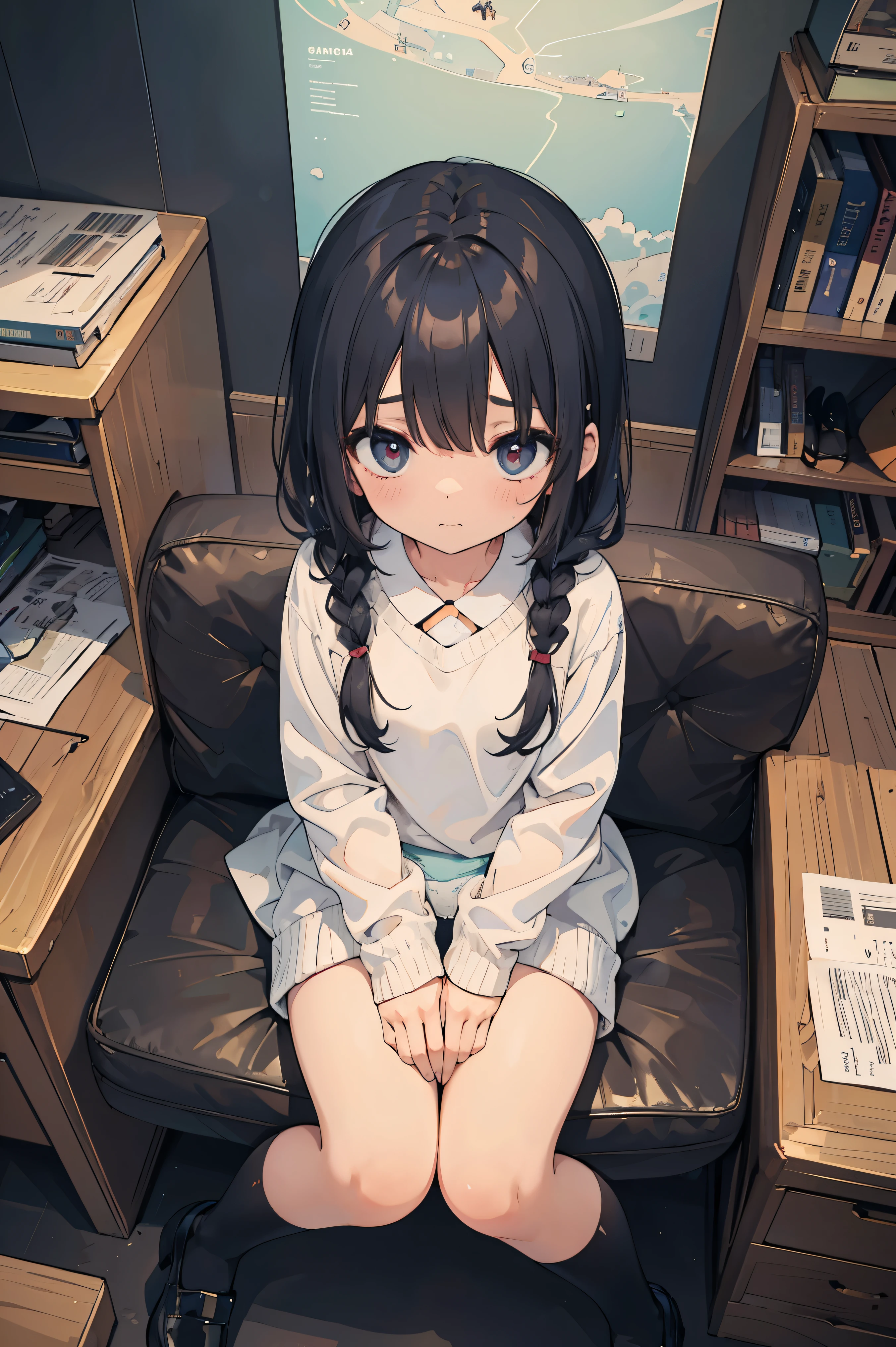 Anime girl sitting on a couch in a room with a bookcase - SeaArt AI