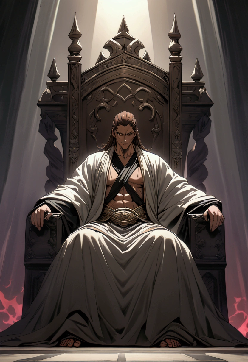 Full body view, Head to Toe Composition, Front View,  best quality, ultra- Details, Young man, Brown hair, tall, Strong body, 20 years, He sit in his throne, a palace , Young, wear ancient Persian king clothes, A sword in his hand, Bloody sword, evil smile , Badess, cool, strong aura, clear face, hd, 8k, 