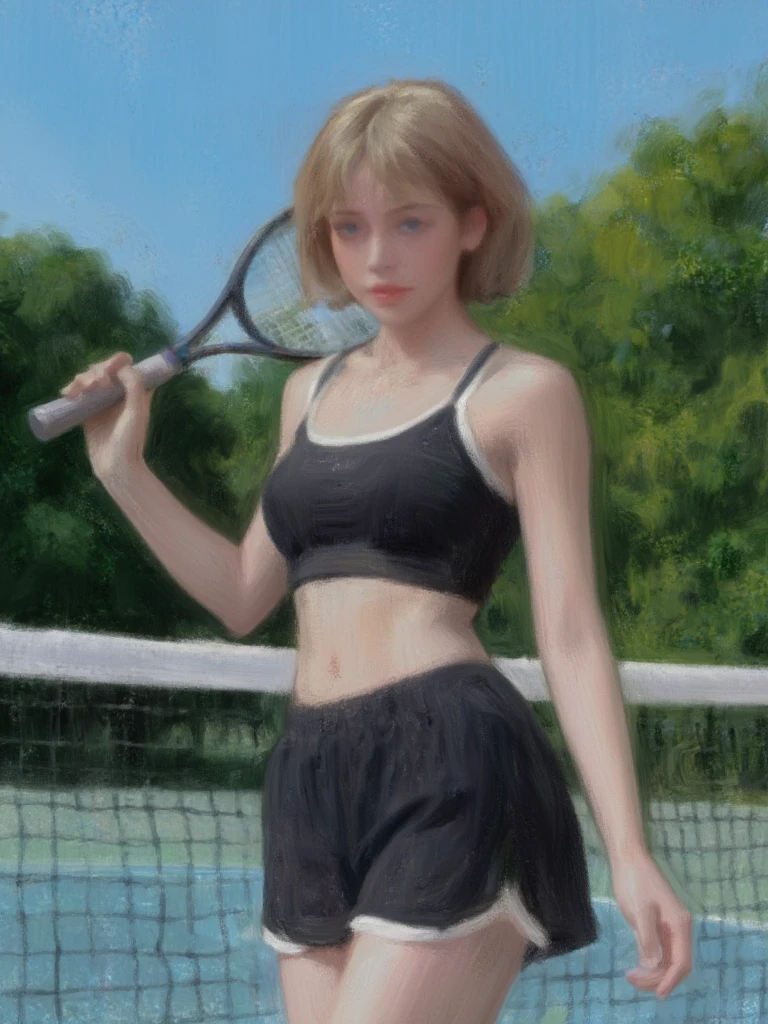 Image is a digital painting of a young woman on a tennis court. She has short, light brown hair, wearing a black athletic outfit consisting of a cropped top and shorts with white trim. She holds a tennis racket in her right hand, poised in a follow-through position. Her skin is fair, and she has a focused expression. The background shows a clear blue sky and green trees, with a tennis net visible in the foreground. The lighting suggests a sunny day, casting soft shadows. 