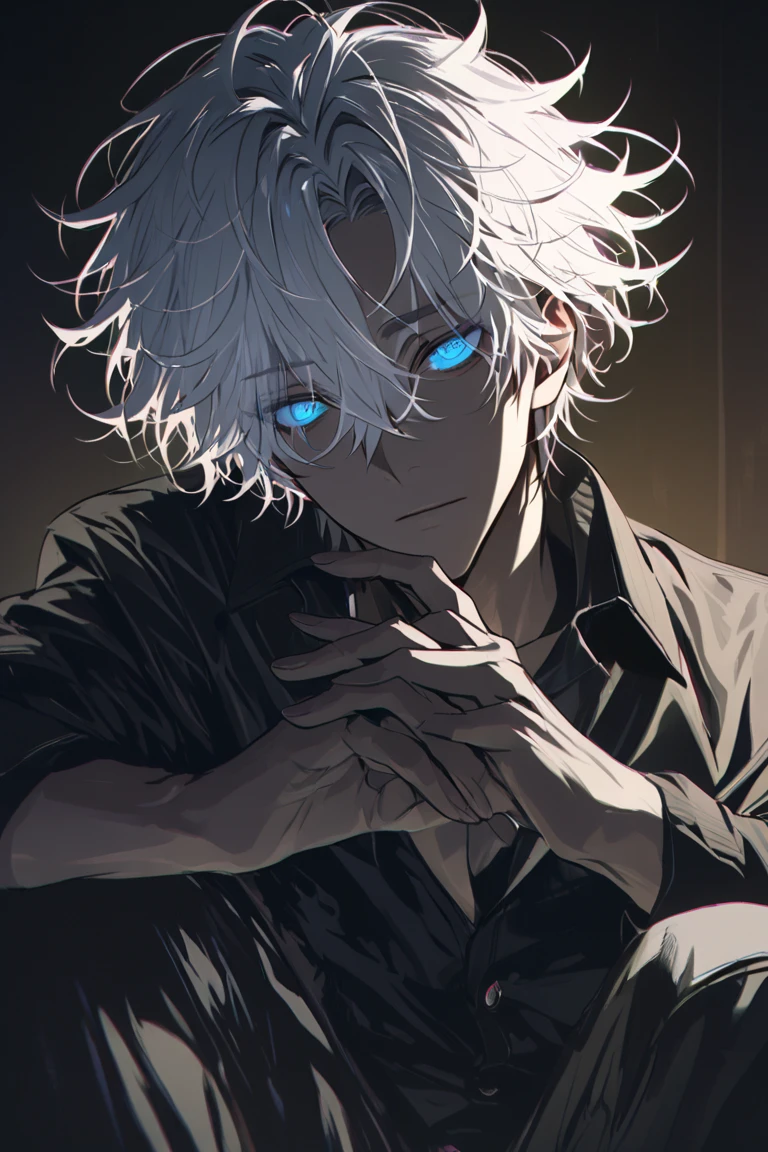 (solo), (1 male), (1 man), handsome men, (one man with white hair, blue eyes), short hair, messy hair, ((masterpiece)), (dark background: 1.3), (stylish), dynamic angle, (detailed face, detailed eyes, proportional hands, proportional anatomy), sitting in a relaxed pose, sinister atmosphere